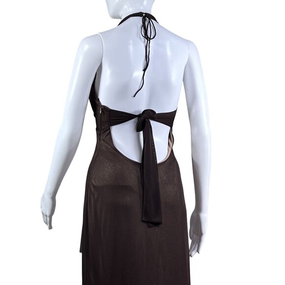 Cache Womens 8 Halter Backless Brown Gold Shimmer Evening Gown Rhinestone Accent - Picture 6 of 16